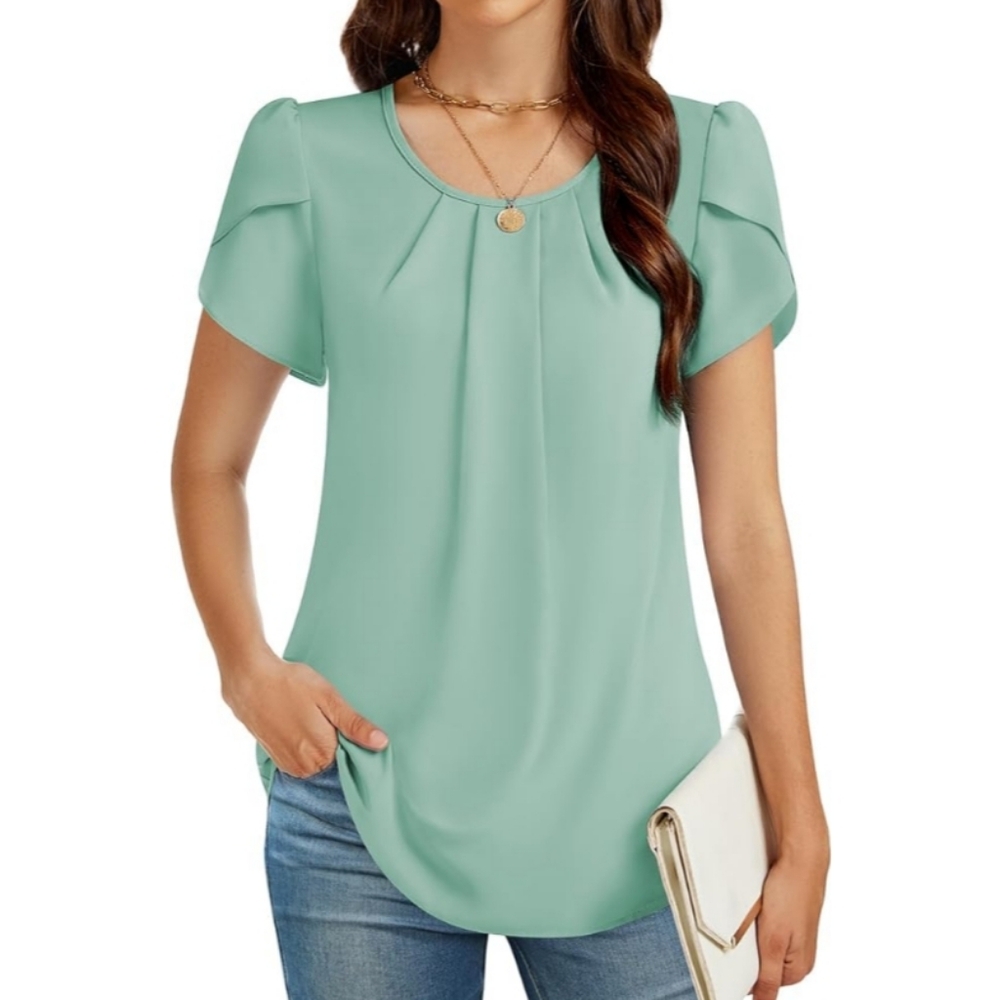 NEW Funlingo Casual Flutter Sleeve Pleated Front Scoop Neck Chiffon Flowy Blouse